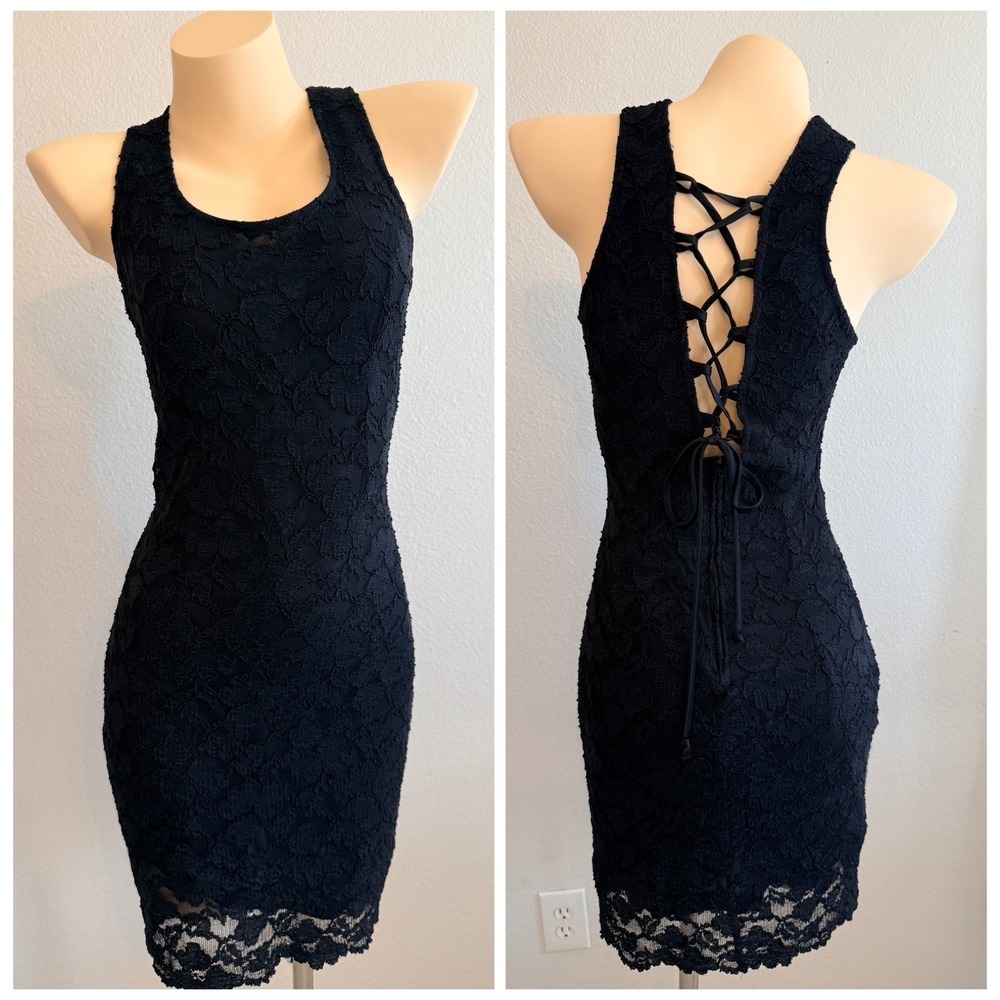 Rampage VTG 90s Y2K Stretch Lace Corset Tie Back Black Mini Dress S